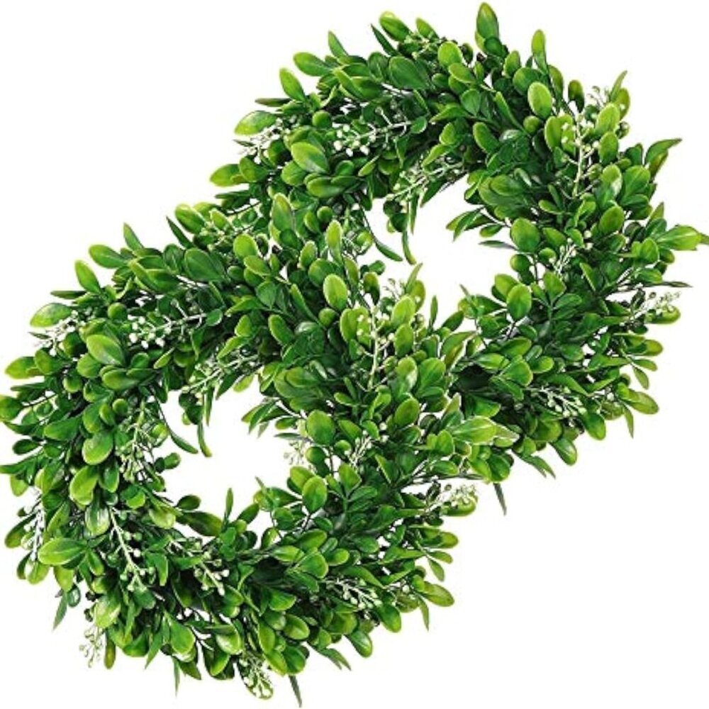 2 Pcs Boxwood Wreath with Artificial Wreath Green Leaves Door Wall Window Decora